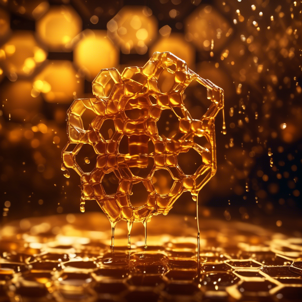 A high-detail honeycomb structure with golden ratio hexagons, dripping with glowing golden honey.