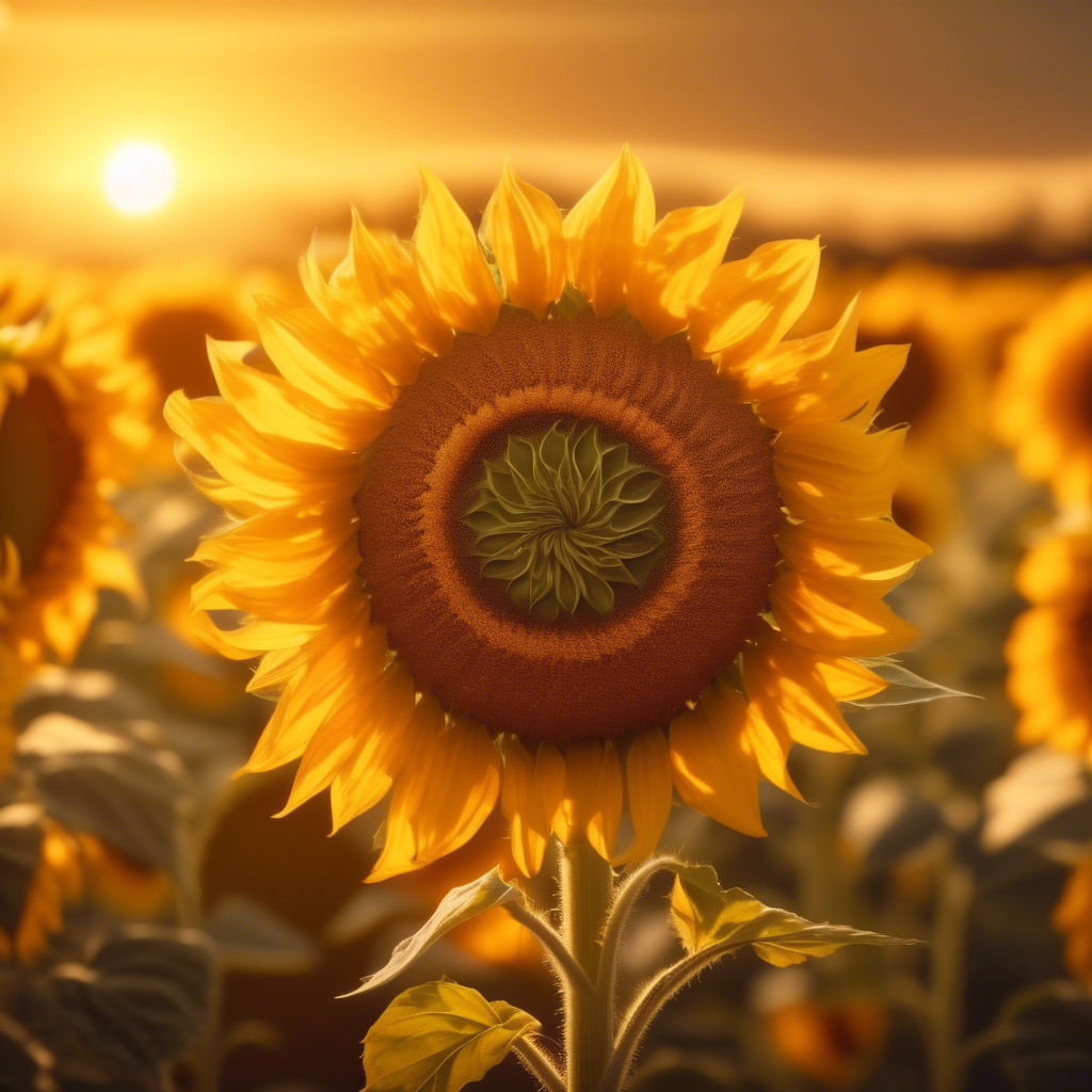 A radiant sunflower field with Fibonacci-patterned seed spirals, glowing under a soft golden sunset in 8K