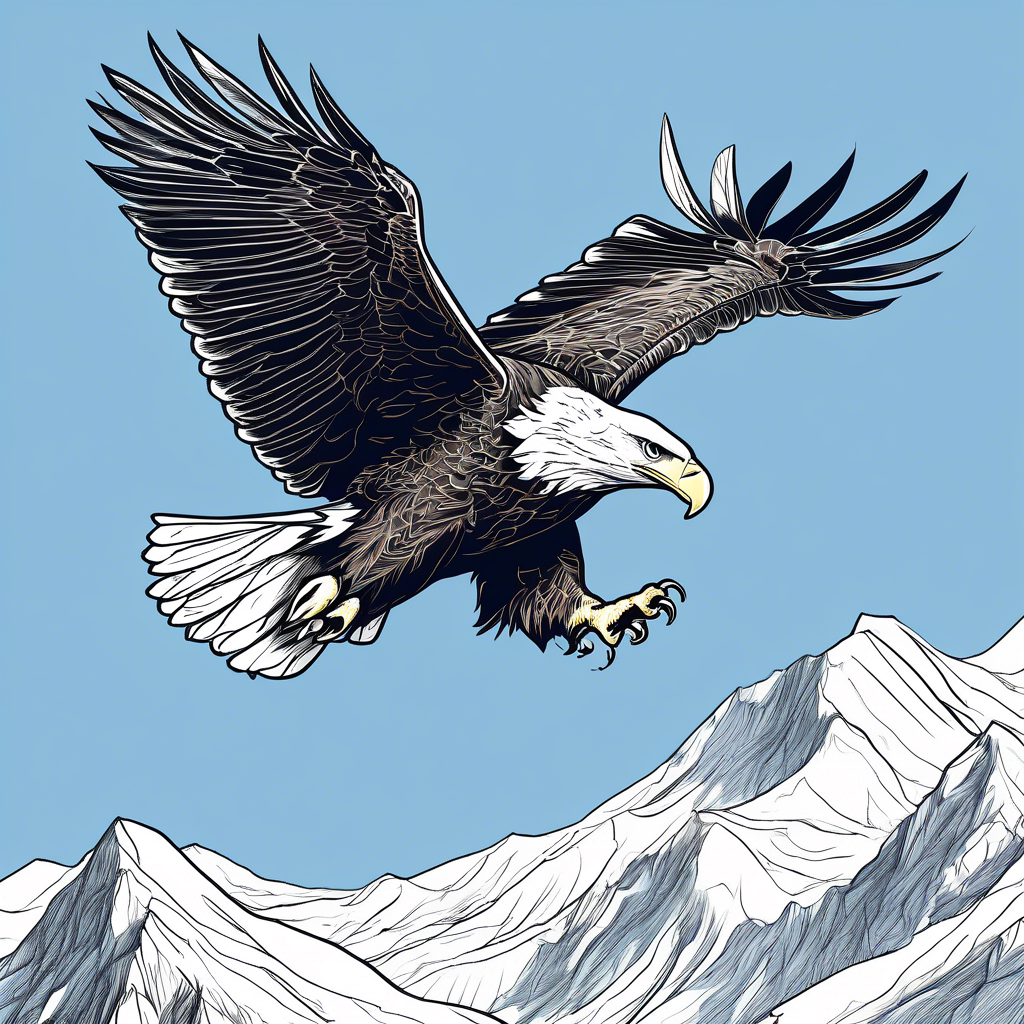 "Majestic Bald Eagle in Flight" A close-up of a bald eagle soaring over a mountain range, with its wings fully extended and feathers sharply detailed. The background features a clear blue sky and snowy peaks. Rendered in 8K with high contrast and dramatic lighting.