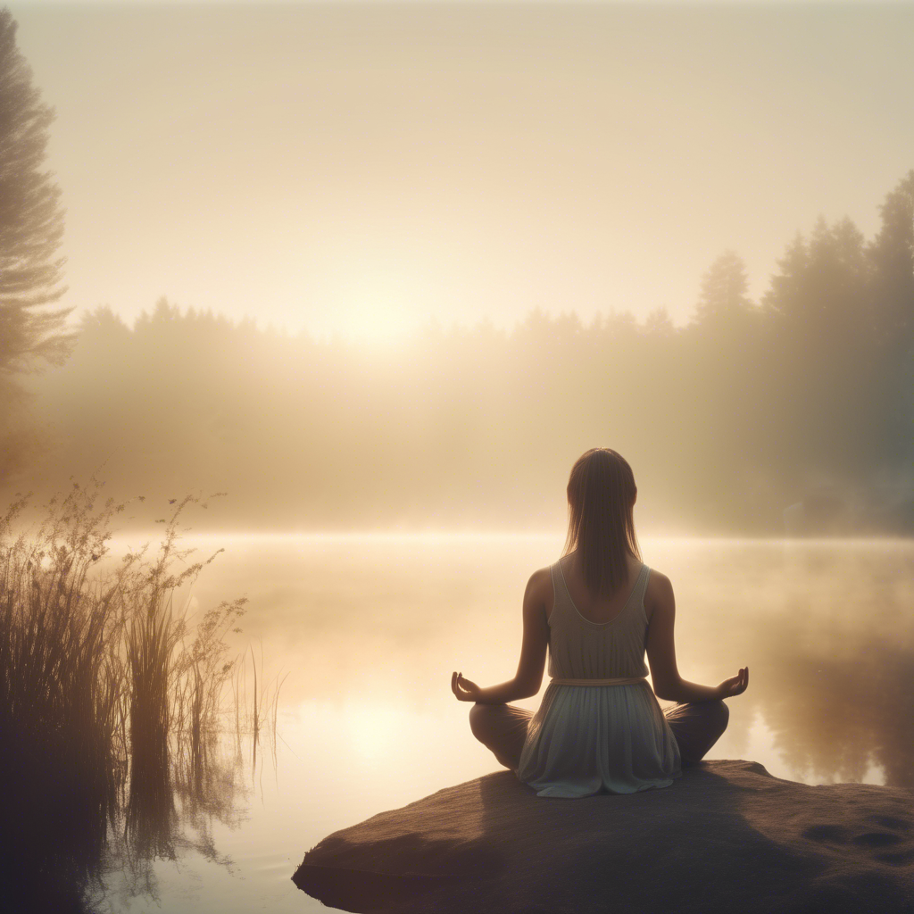 A serene girl meditating by a tranquil lake at sunrise, the mist hovering above the water, captured in 4K with an ultra-wide lens and warm, natural tones.