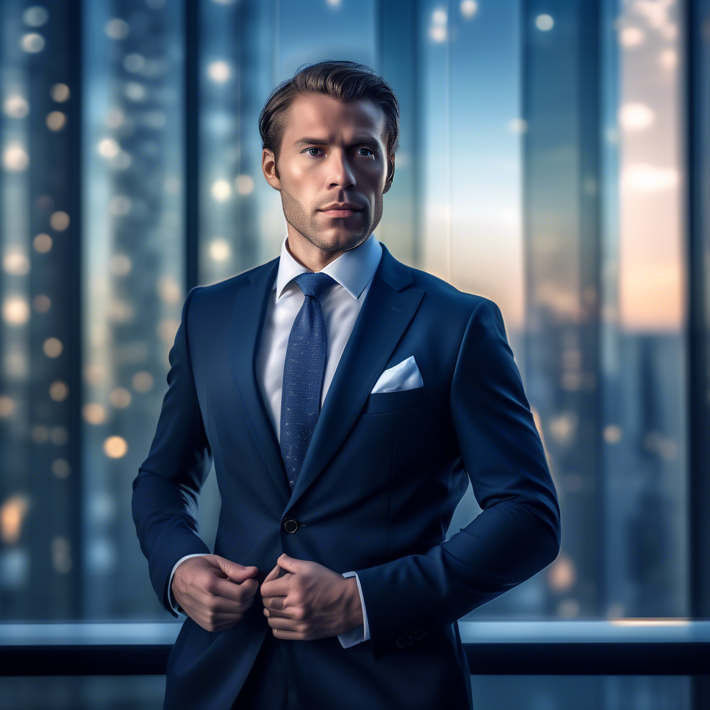 A professional portrait of a confident man in a tailored navy suit with a crisp white shirt and subtle tie, standing in front of a glass skyscraper. The background is blurred, and the lighting is soft and natural. Captured in 8K with a 50mm lens, shallow depth of field, and HDR detail.