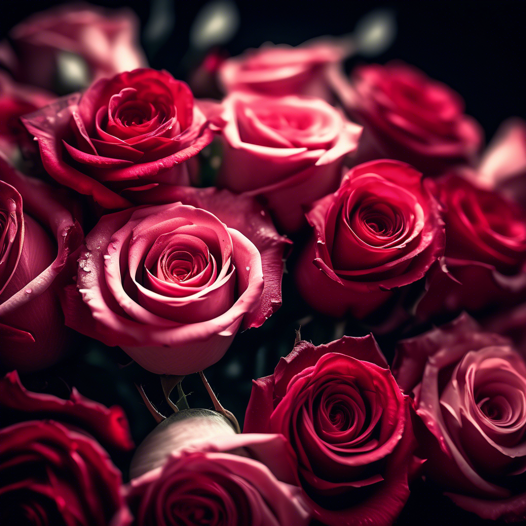 A bouquet of roses with petals arranged perfectly in Fibonacci spirals, radiating vibrant red and pink tones.