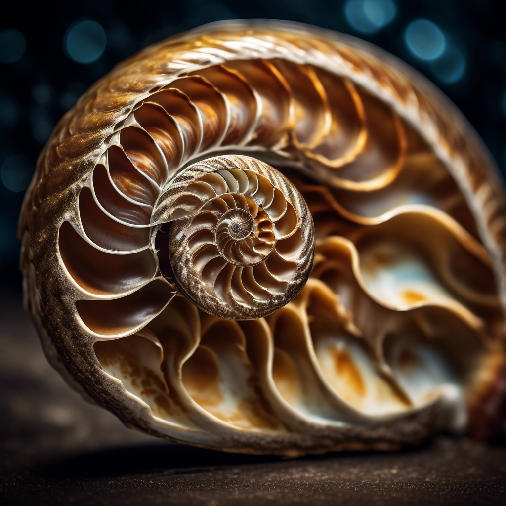 A close-up of a nautilus shell split in half, revealing intricate golden spiral patterns in exquisite detail.