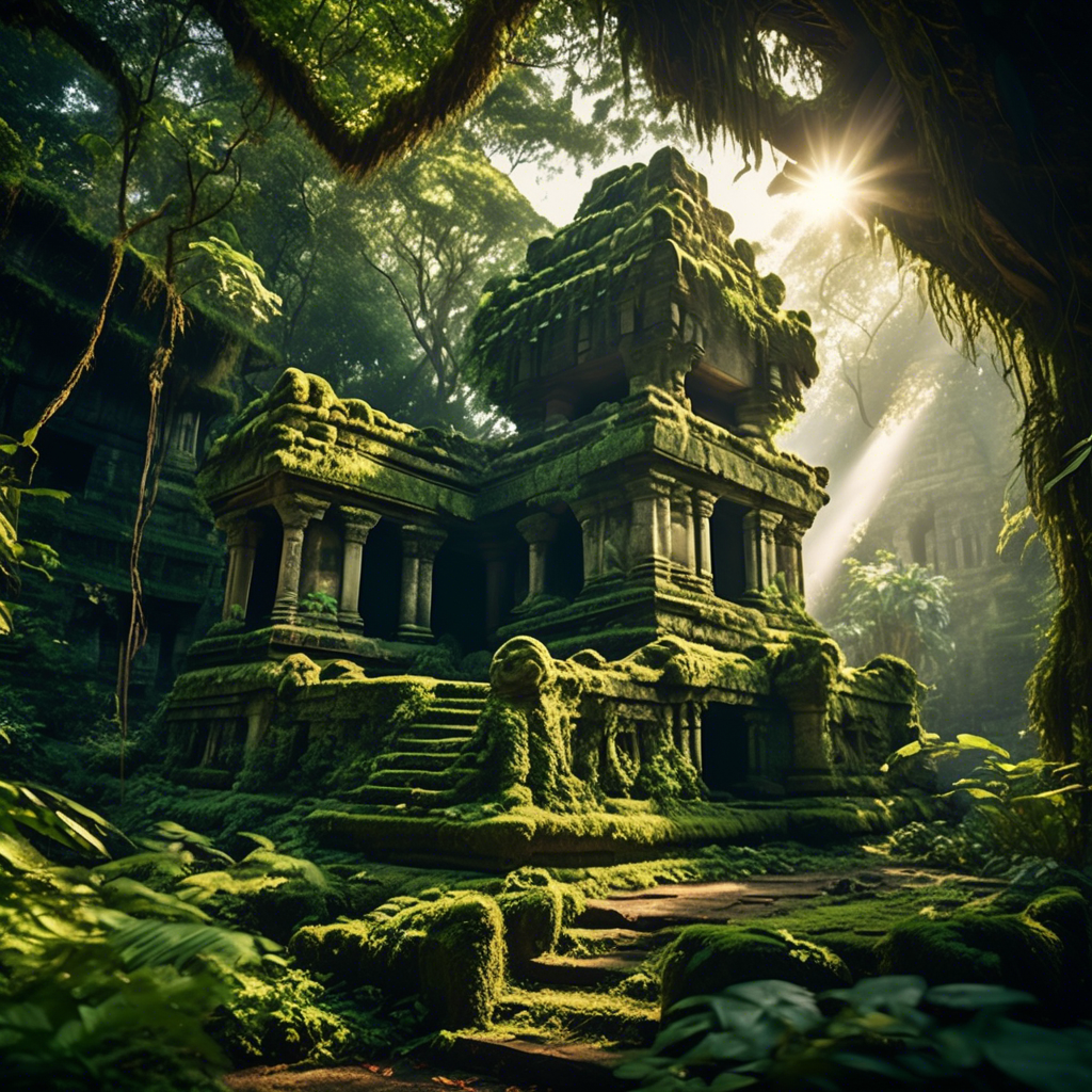An overgrown ancient stone temple partially hidden by dense jungle foliage, with vines cascading down its walls. Sunlight filters through the canopy, creating dappled patterns on the mossy stones. Exotic birds can be seen in the distance, and the air feels humid and alive. Captured in 8K resolution with a 35mm lens, deep depth of field, and natural, vibrant lighting. The scene is mysterious and awe-inspiring.