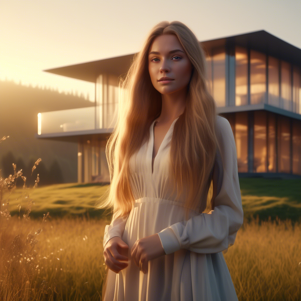 A beautiful girl with long flowing hair, standing in a meadow during golden hour, the sunlight softly illuminating her face, captured with a 4K ultra-wide lens, shallow depth of field, and cinematic color grading. A modern glass house with sleek architecture, sitting atop a misty hill during early morning, captured in 4K with dramatic lighting and a wide-angle lens