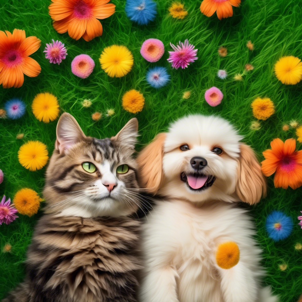 A cat and dog lying side by side on a green lawn, with colorful flowers in the background, captured in 8K using a macro lens for detailed fur textures.