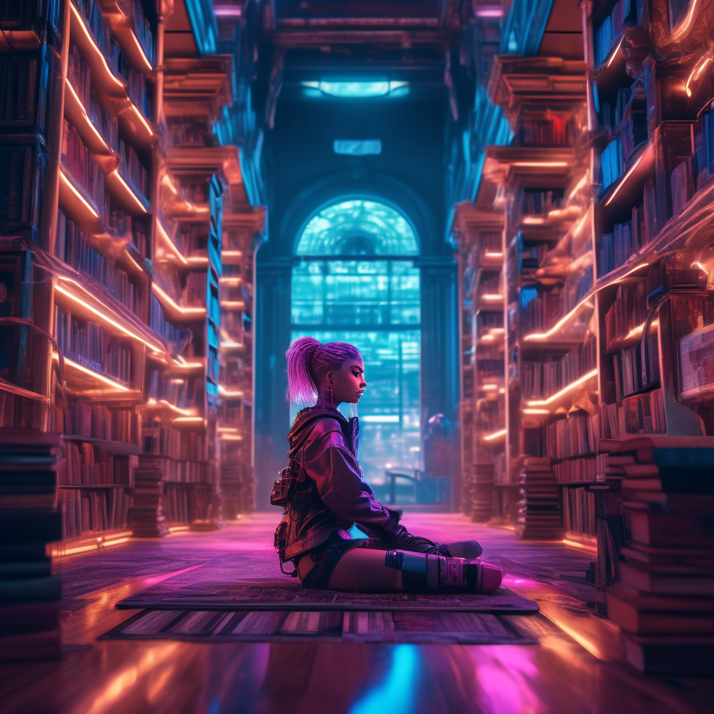 A curious girl sitting cross-legged on the floor of a grand library, surrounded by books. The scene is detailed with shelves that stretch into the distance. Captured in 8K with warm, ambient lighting.