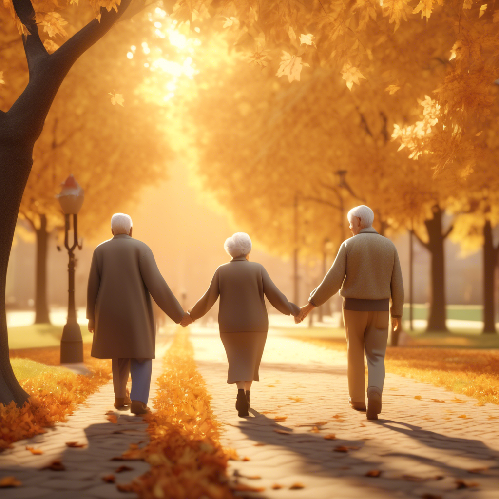 "Senior Couple Walking in a Park" An elderly couple holding hands, walking down a tree-lined path with autumn leaves covering the ground. The scene is serene, with soft golden-hour lighting in 8K resolution.