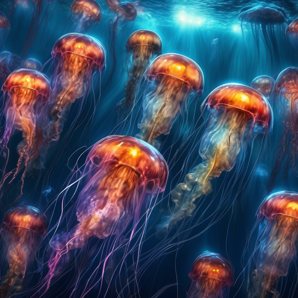 Radioactive jellyfish in a sea of liquid methane, extraterrestrial life forms, gorgeous photorealism, Mesmerizing artwork