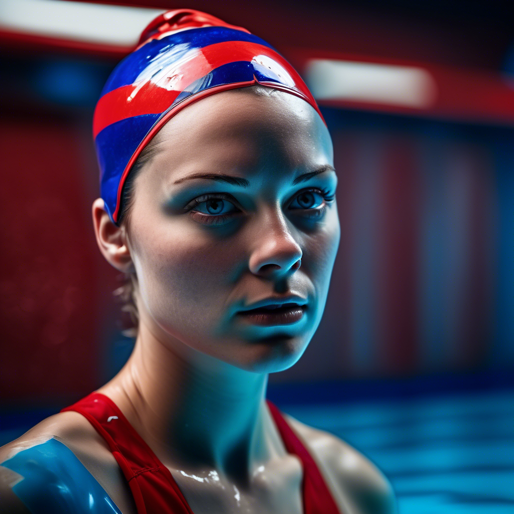 full figure portrait photo of a female swimmer make up, blue on red, side profile, looking away, serious eyes, 50mm portrait photography, hard rim lighting photography--beta the photo must be real