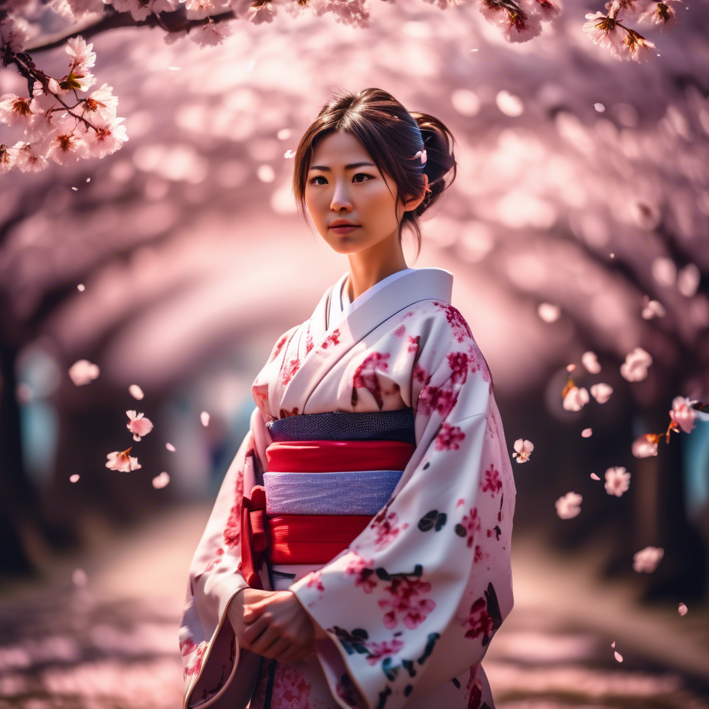 A girl in a traditional Japanese kimono standing under cherry blossom trees, petals falling gently around her, captured in 8K HDR with a telephoto lens.