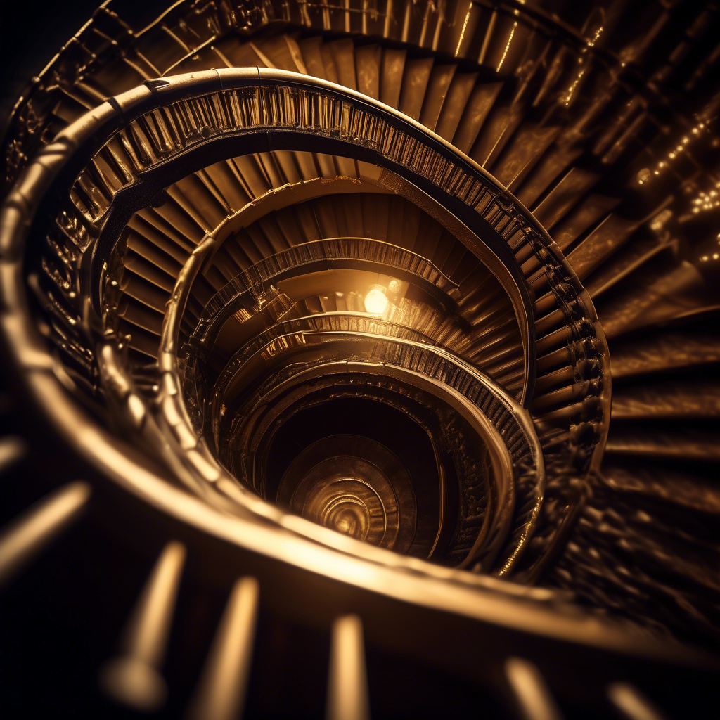 A magical spiral staircase winding upwards infinitely, with each step glowing in harmonious golden ratio proportions.