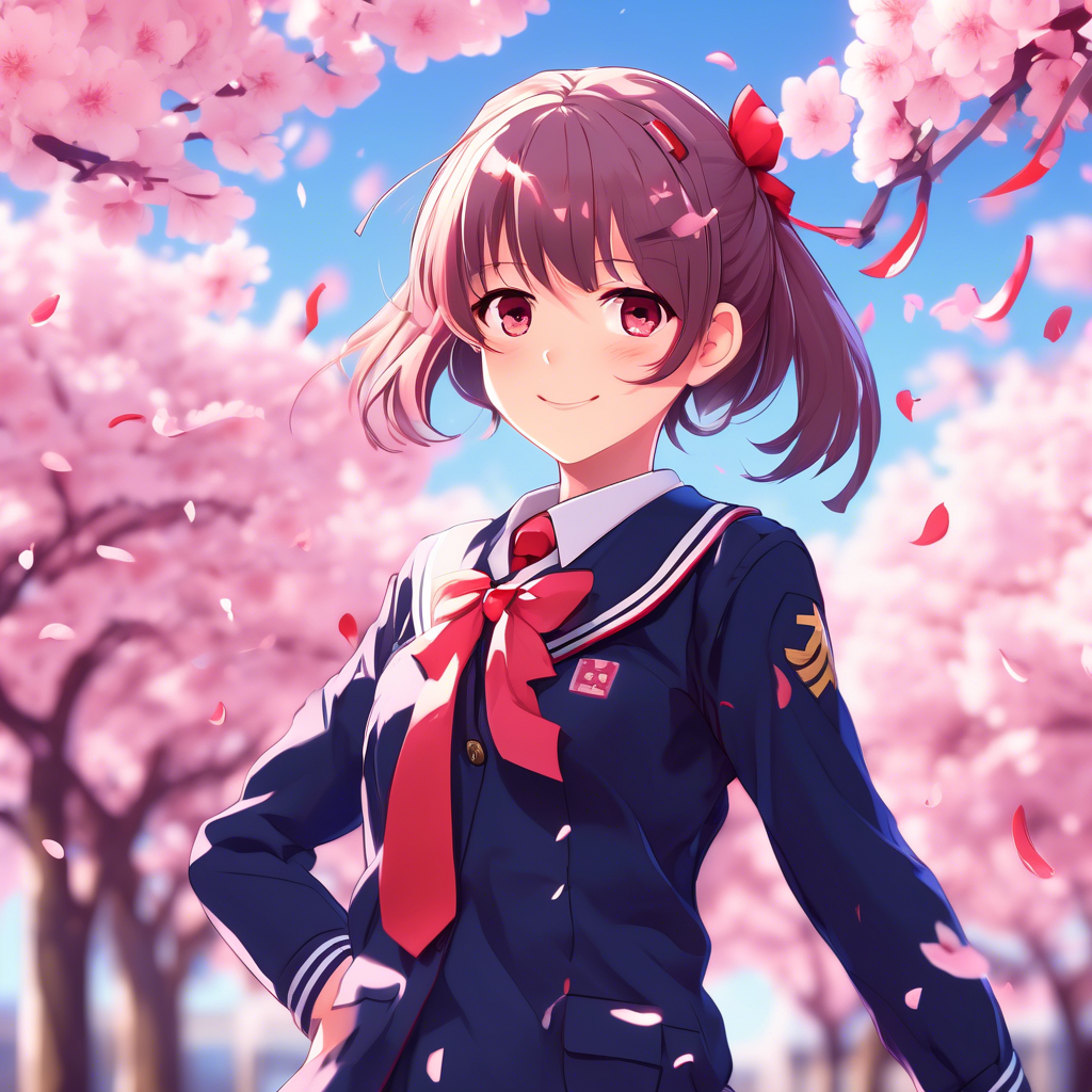 "Schoolgirl with Sakura Blossoms" A cheerful anime schoolgirl with a navy uniform and a red ribbon, standing under blooming cherry blossom trees. Petals float around her in the breeze. Rendered in 8K with vibrant pastel tones.