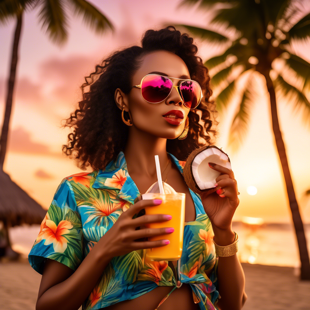 a famous female pop artist dressed in tropical beachwear and aviator sunglasses, sipping a coconut drink under a sunset sky, captured with Fujifilm GFX100, ISO200, vibrant color