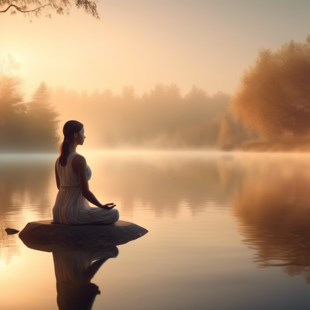 A serene girl meditating by a tranquil lake at sunrise, the mist hovering above the water, captured in 4K with an ultra-wide lens and warm, natural tones.