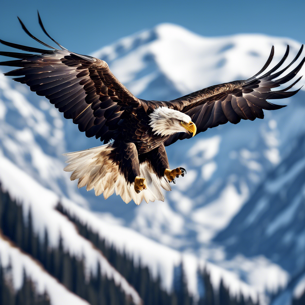 "Majestic Bald Eagle in Flight" A close-up of a bald eagle soaring over a mountain range, with its wings fully extended and feathers sharply detailed. The background features a clear blue sky and snowy peaks. Rendered in 8K with high contrast and dramatic lighting.