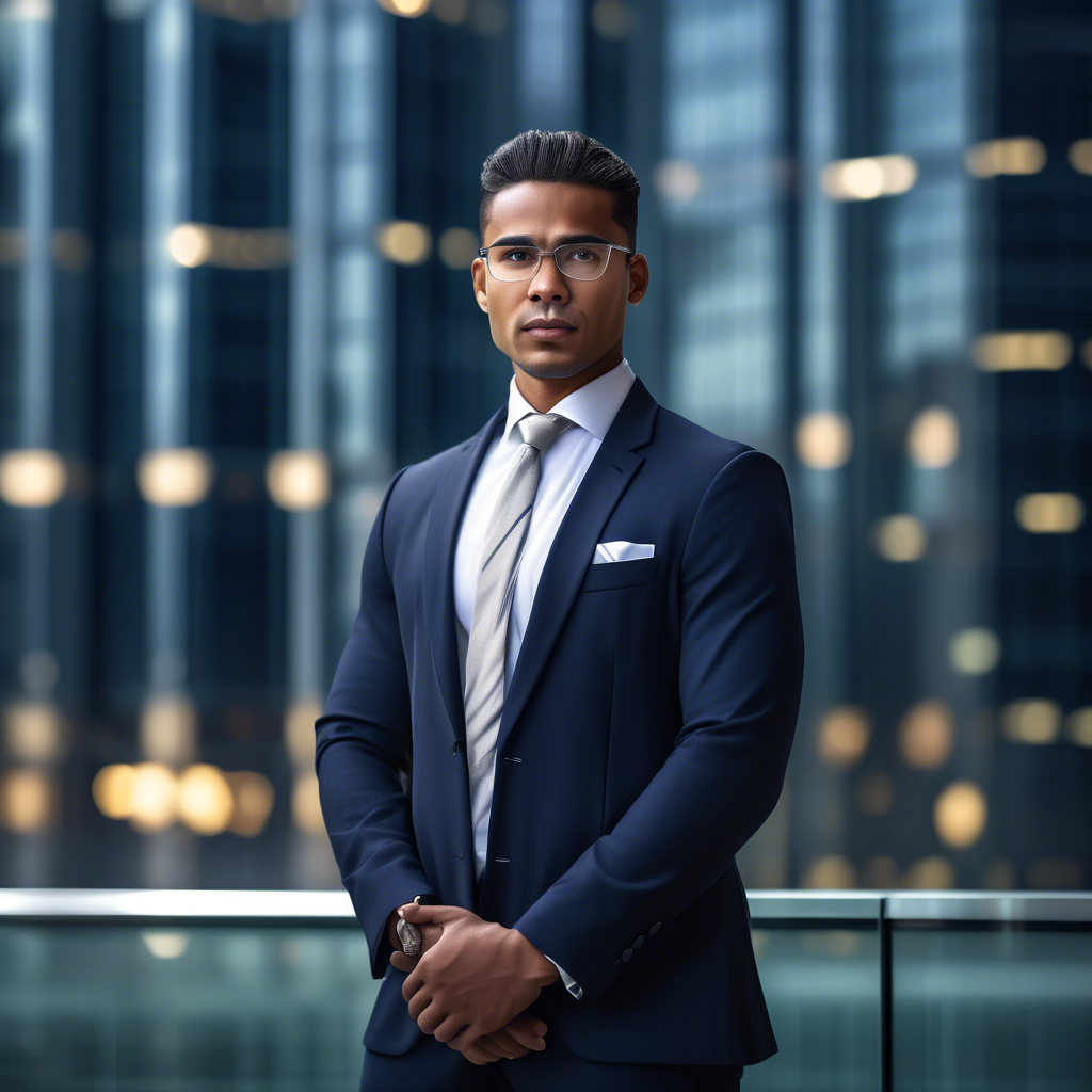 A professional portrait of a confident ethnic man in a tailored navy suit with a crisp white shirt and subtle tie, standing in front of a glass skyscraper. The background is blurred, and the lighting is soft and natural. Captured in 8K with a 50mm lens, shallow depth of field, and HDR detail.