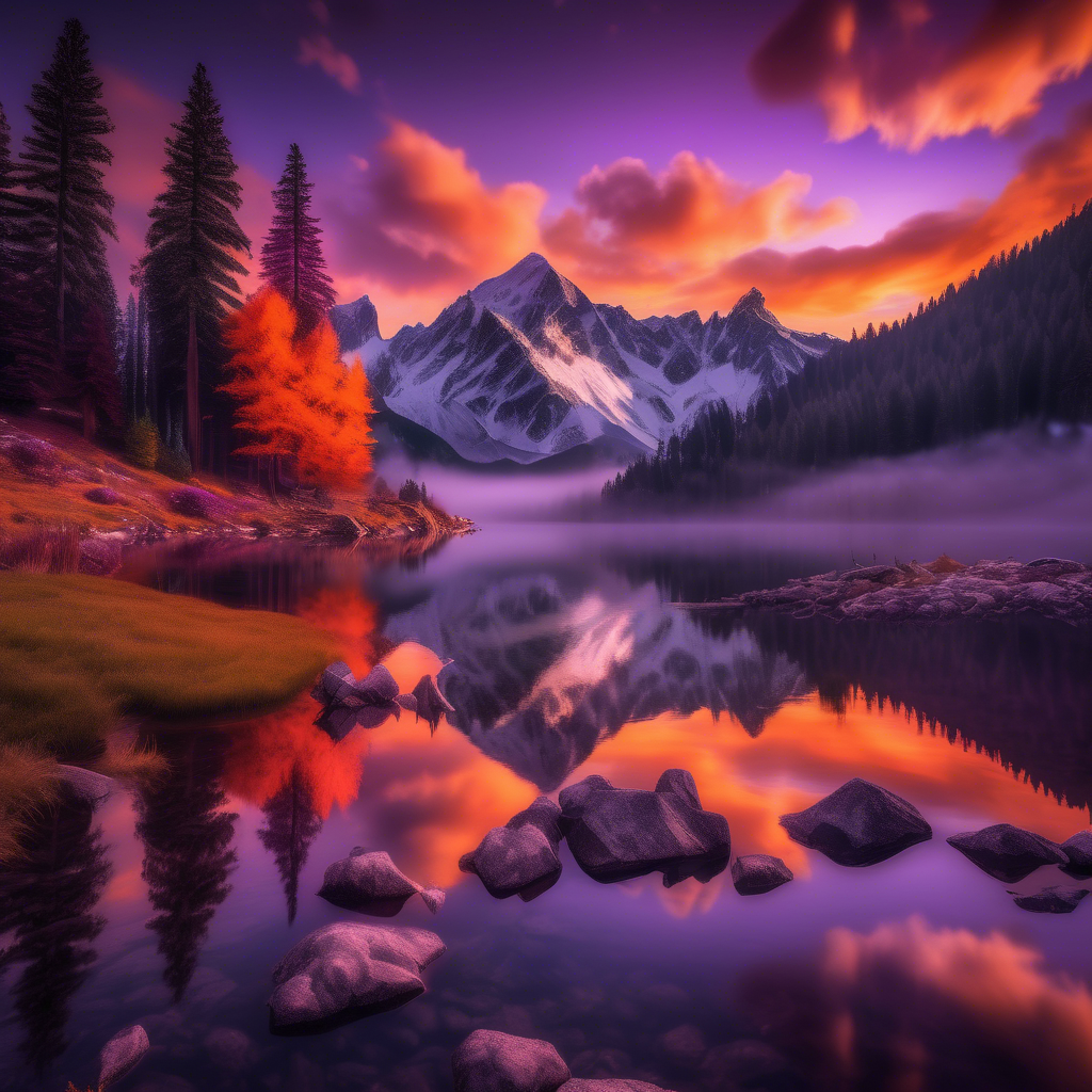 A breathtaking view of snow-capped mountains under a vivid orange and purple sunset, with a pristine lake reflecting the peaks. The scene includes lush pine trees in the foreground and mist rolling over the hills. Captured in 8K resolution with HDR lighting, a wide-angle 24mm lens, and vibrant color grading. The mood is serene and awe-inspiring.