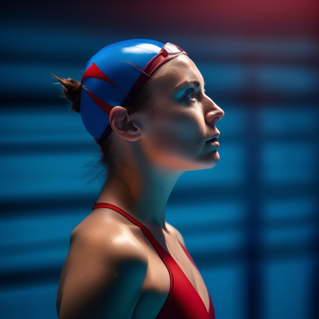 fully body centered portrait photo of a female swimmer make up, blue on red, side profile, looking away, serious eyes, 50mm portrait photography, hard rim lighting photography--beta the photo must be real