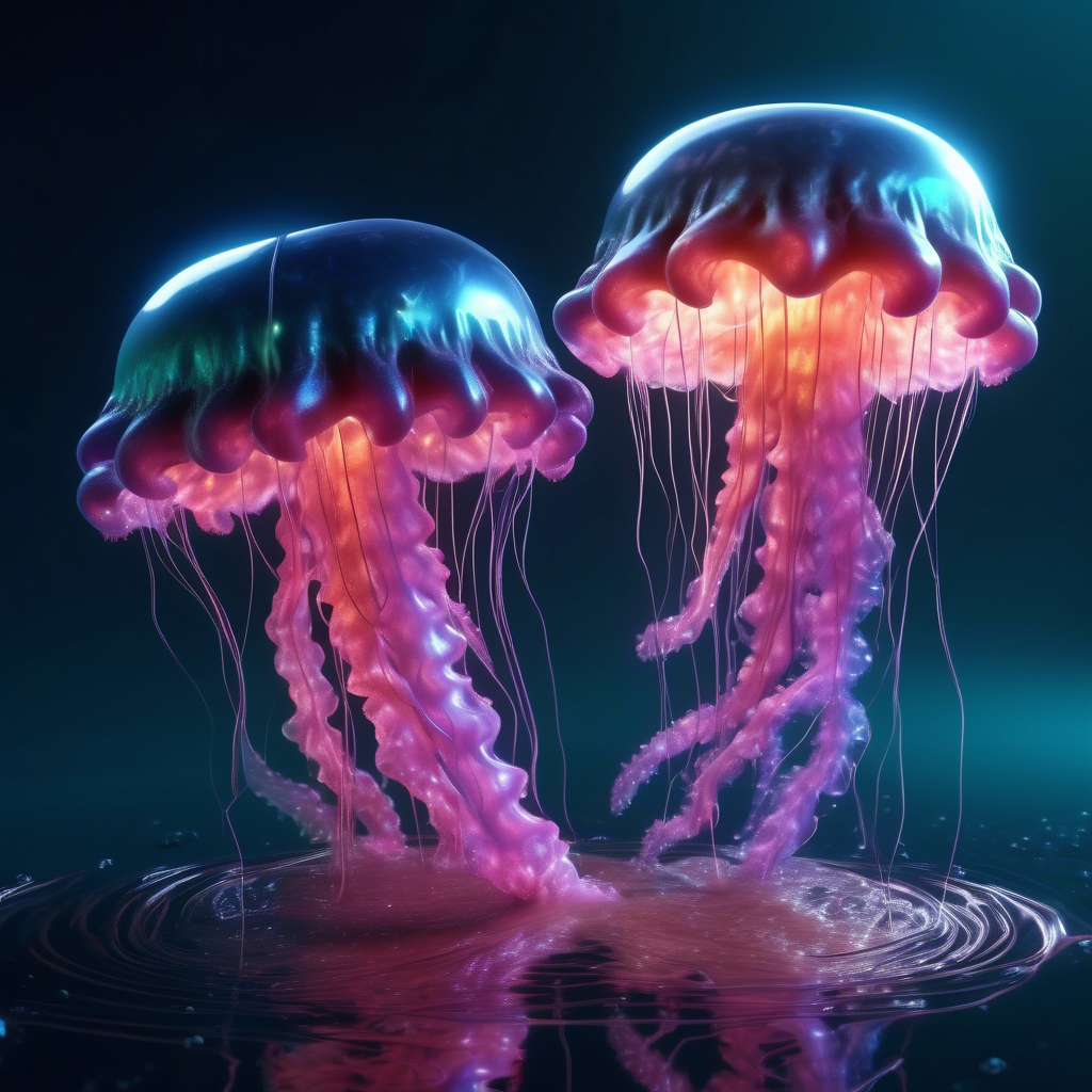 Radioactive jellyfish in a sea of liquid methane, extraterrestrial life forms, gorgeous photorealism, Mesmerizing artwork