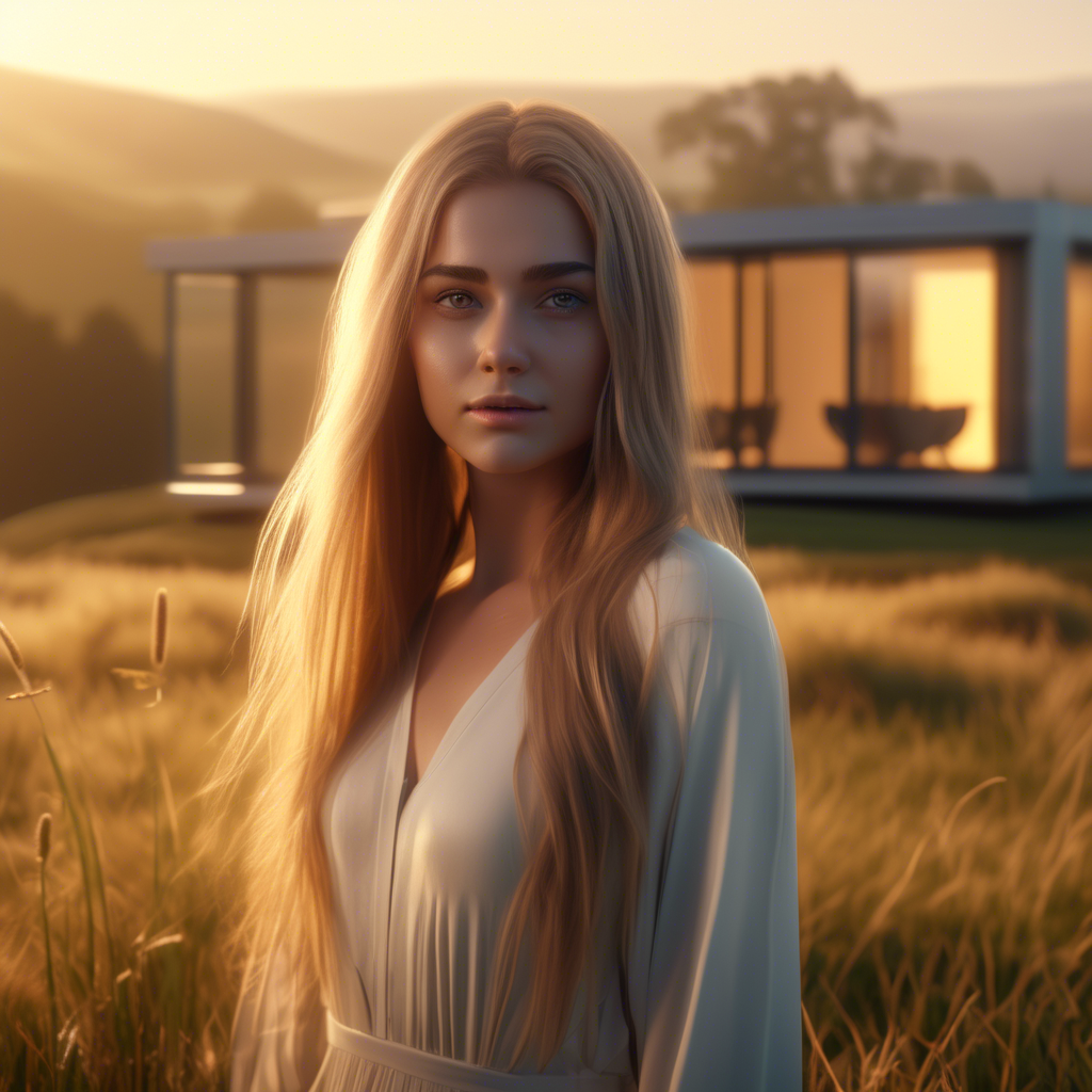 A beautiful girl with long flowing hair, standing in a meadow during golden hour, the sunlight softly illuminating her face, captured with a 4K ultra-wide lens, shallow depth of field, and cinematic color grading. A modern glass house with sleek architecture, sitting atop a misty hill during early morning, captured in 4K with dramatic lighting and a wide-angle lens. A cat and dog lying side by side on a green lawn, with colorful flowers in the background, captured in 8K using a macro lens for detailed fur textures.