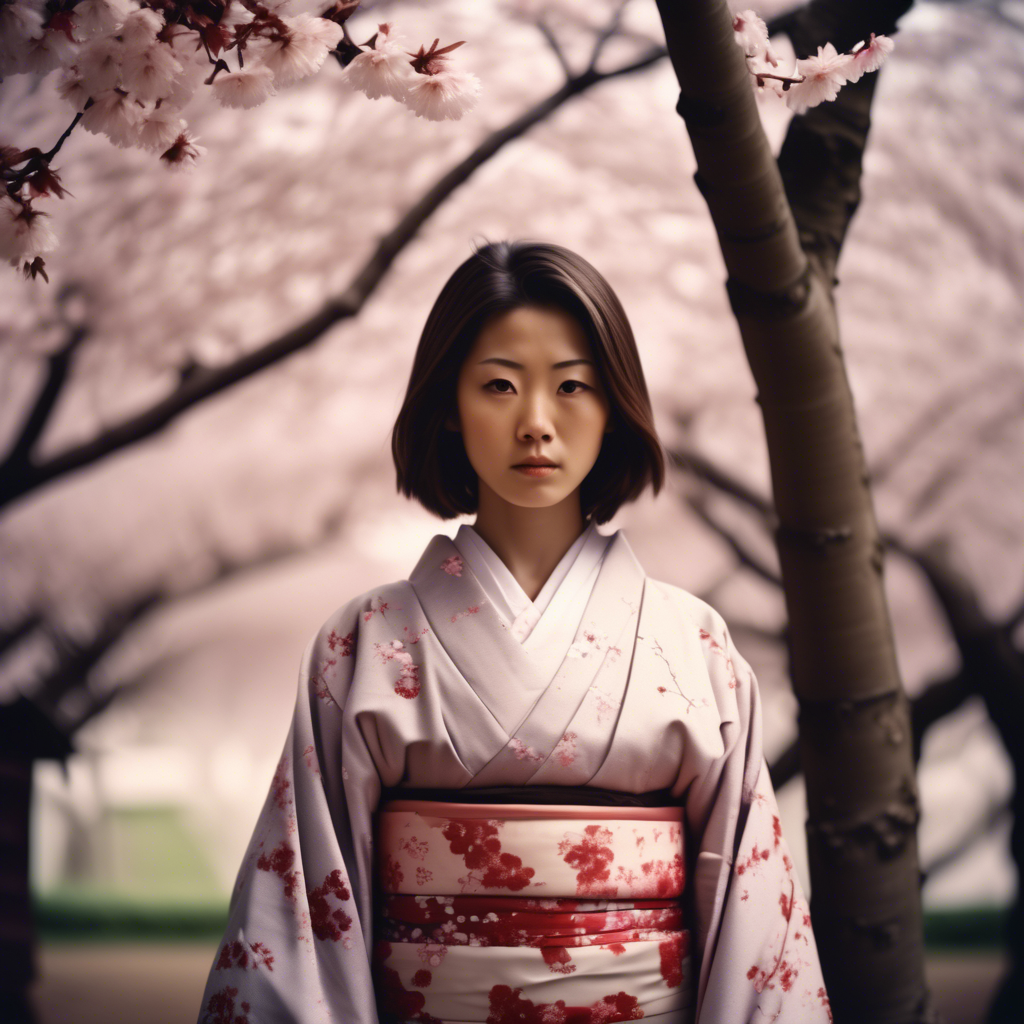 A girl in a traditional Japanese kimono standing under cherry blossom trees, petals falling gently around her, captured in 8K HDR with a telephoto lens.