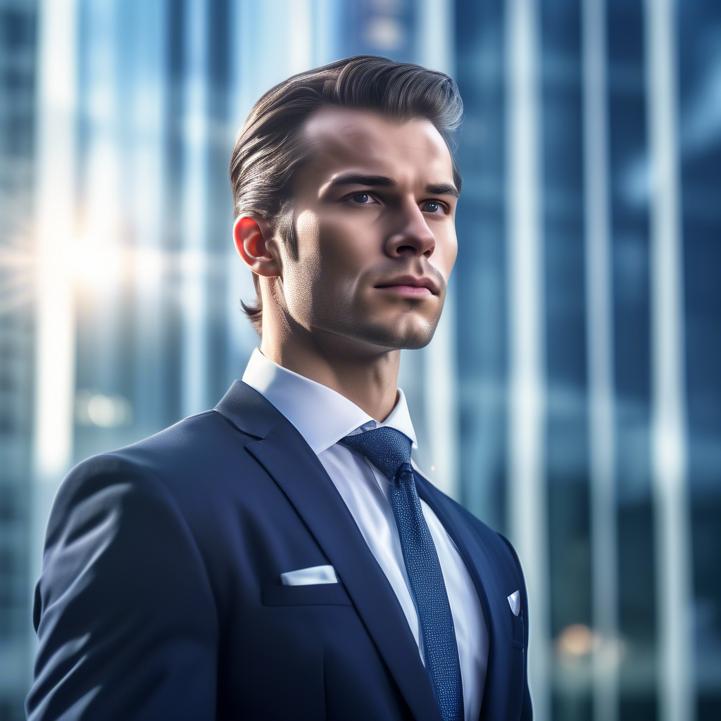 A professional portrait of a confident man in a tailored navy suit with a crisp white shirt and subtle tie, standing in front of a glass skyscraper. The background is blurred, and the lighting is soft and natural. Captured in 8K with a 50mm lens, shallow depth of field, and HDR detail.