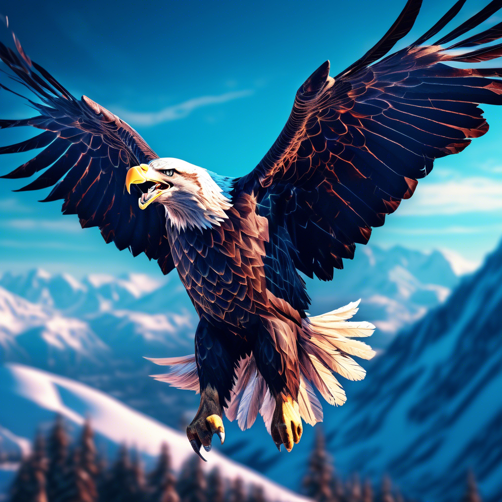 "Majestic Bald Eagle in Flight" A close-up of a bald eagle soaring over a mountain range, with its wings fully extended and feathers sharply detailed. The background features a clear blue sky and snowy peaks. Rendered in 8K with high contrast and dramatic lighting.