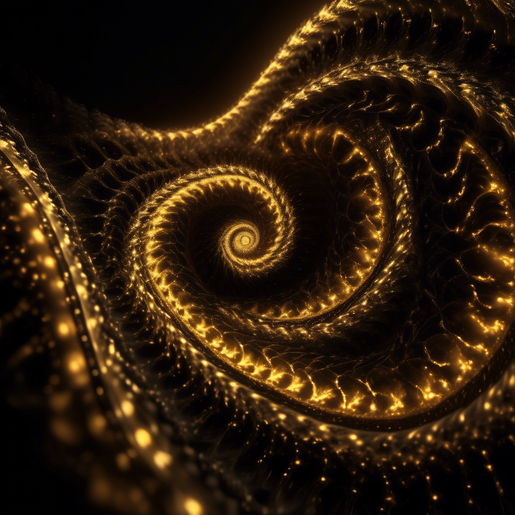 A glowing Fibonacci fractal pattern made of soft golden light, set against a deep black background for pure contrast.