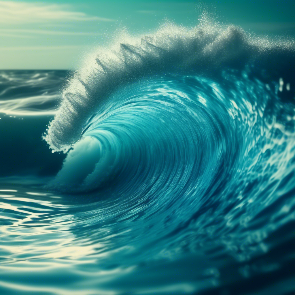 A mesmerizing ocean wave curling in perfect Fibonacci formation, with shimmering blue and turquoise hues.