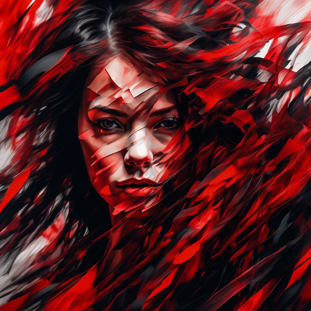 abstract female portrait,undefined hair,red and black color palette,blurred boundaries,upper body,fragmented visual style,evokes feelings of rebellion and passion