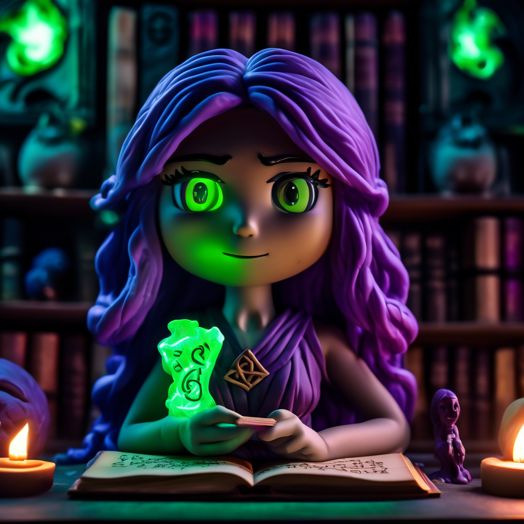 "Mystical Anime Girl with a Spellbook" An anime girl with glowing green eyes and long purple hair, holding an ancient spellbook with magical runes floating around her. The background is a dark, mystical library. Rendered in 8K with soft, glowing lighting.
