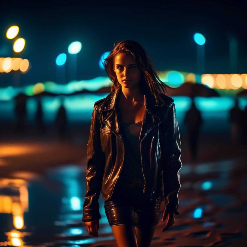A confident girl in a leather jacket walking on a beach at night, neon lights reflecting off the wet sand, captured in 4K with a 50mm lens and dramatic lighting.