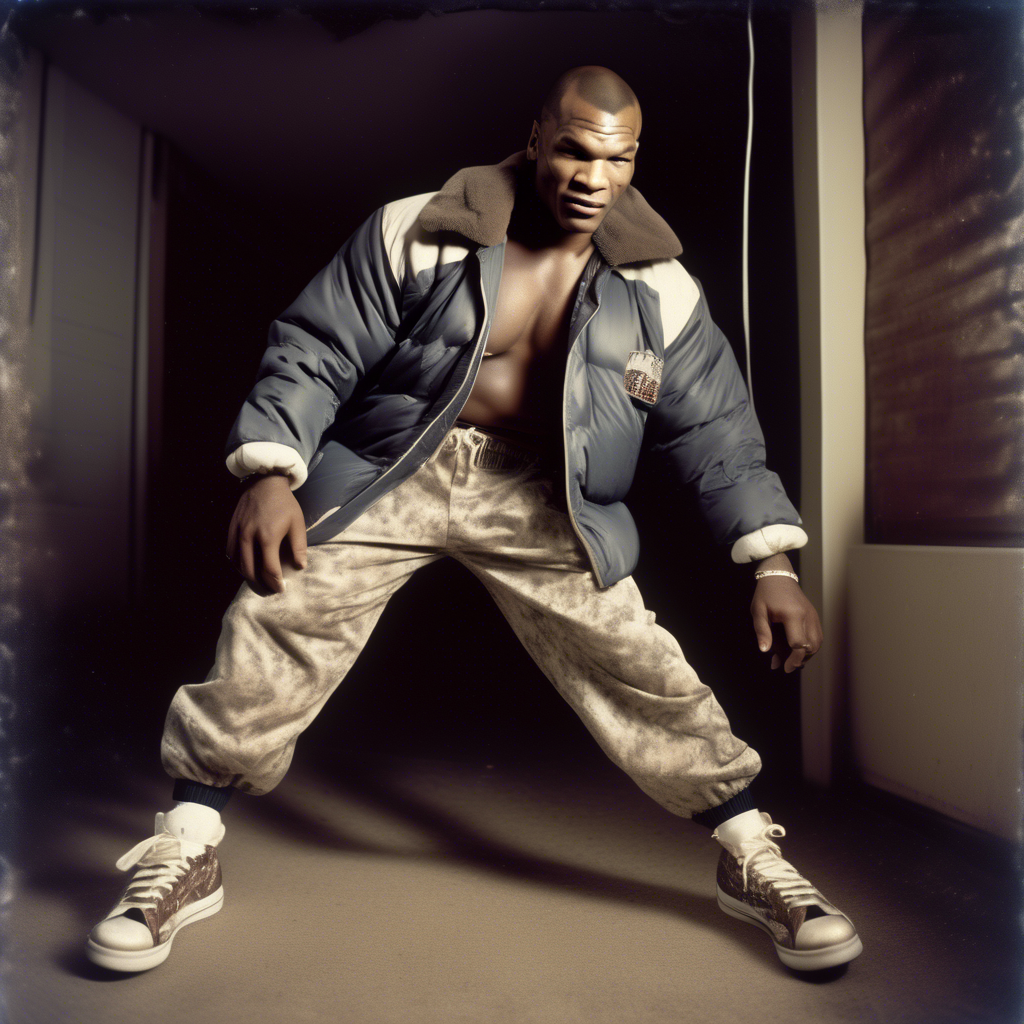 Fashion photography of a Mike Tyson dressed in large hiphop clothes from 1980s , wearing sneakers , Sony Alpha α7, ISO1900, volumetric lighting,