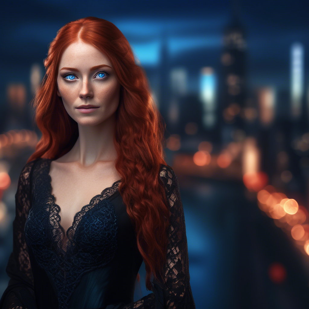 A striking portrait of a woman of culture with long, flowing red hair and piercing blue eyes, wearing a sleek black gown with intricate lace details. She stands against a blurred background of sparkling city lights at dusk. Captured in 8K resolution with a 50mm lens, soft bokeh, and warm, soft lighting highlighting her face and hair. The mood is sophisticated and intimate.