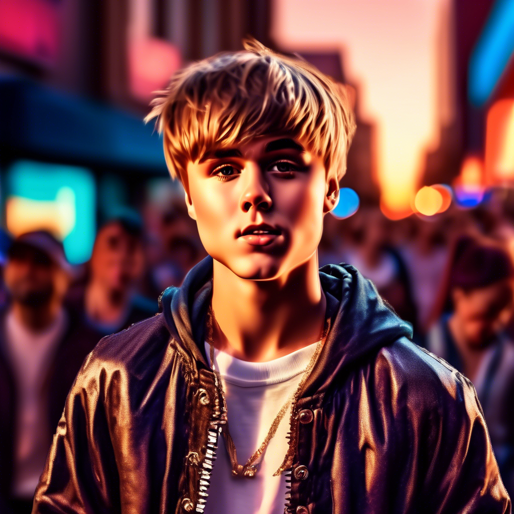 justin beiber performing on a bustling urban street at sunset. The background features blurred pedestrians and glowing shop lights. Captured in 8K with a cinematic lens, vibrant color tones, and dynamic lighting.