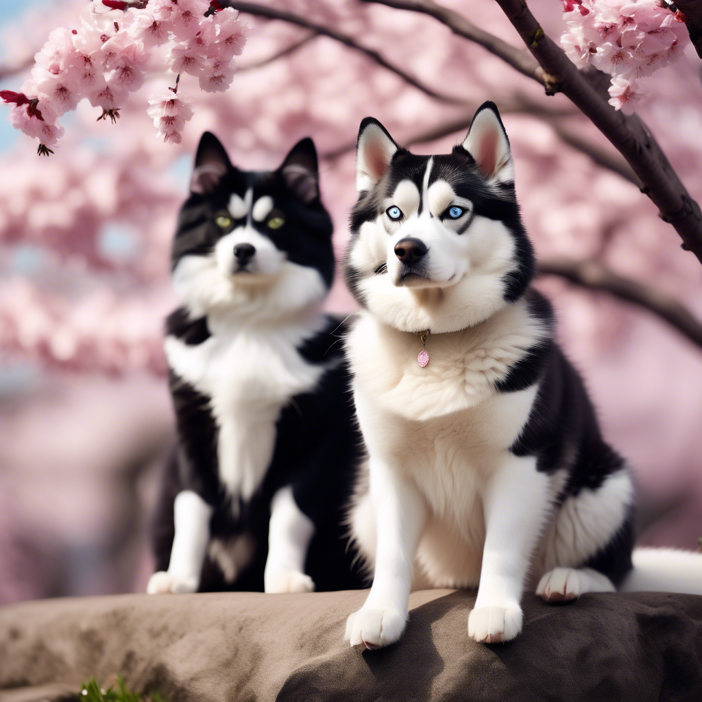 A black and white tuxedo cat and a Siberian husky sitting peacefully under a blooming cherry blossom tree, captured in 8K with vibrant colors and a shallow depth of field.