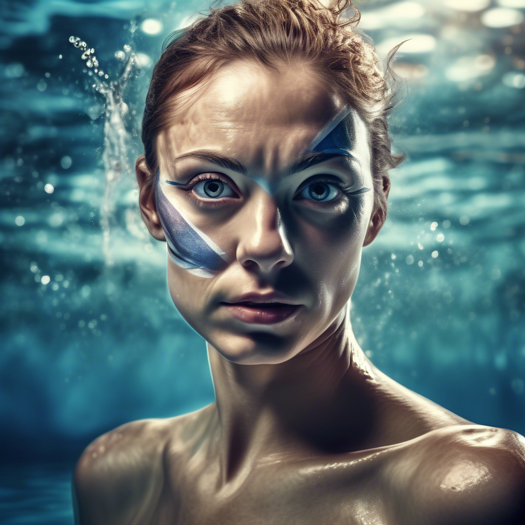 fully body centered portrait photo of a female swimmer with make up, 50mm portrait photography, hard rim lighting photography - the photo must be real