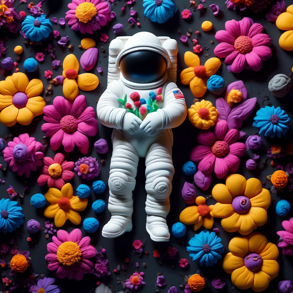 astronaut laying in flowers, top view, cinematic, dark light, beautiful colors, detailled, 4k