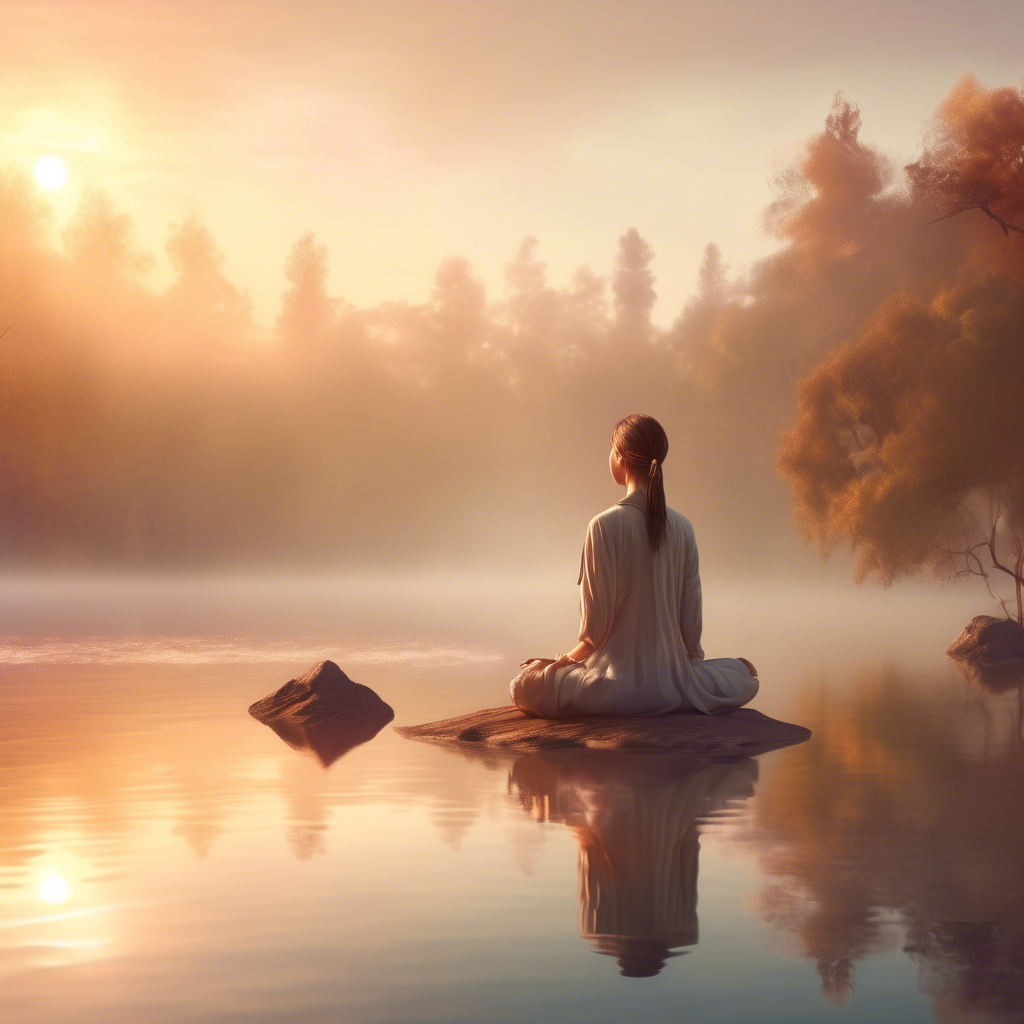 A serene girl meditating by a tranquil lake at sunrise, the mist hovering above the water, captured in 4K with an ultra-wide lens and warm, natural tones.