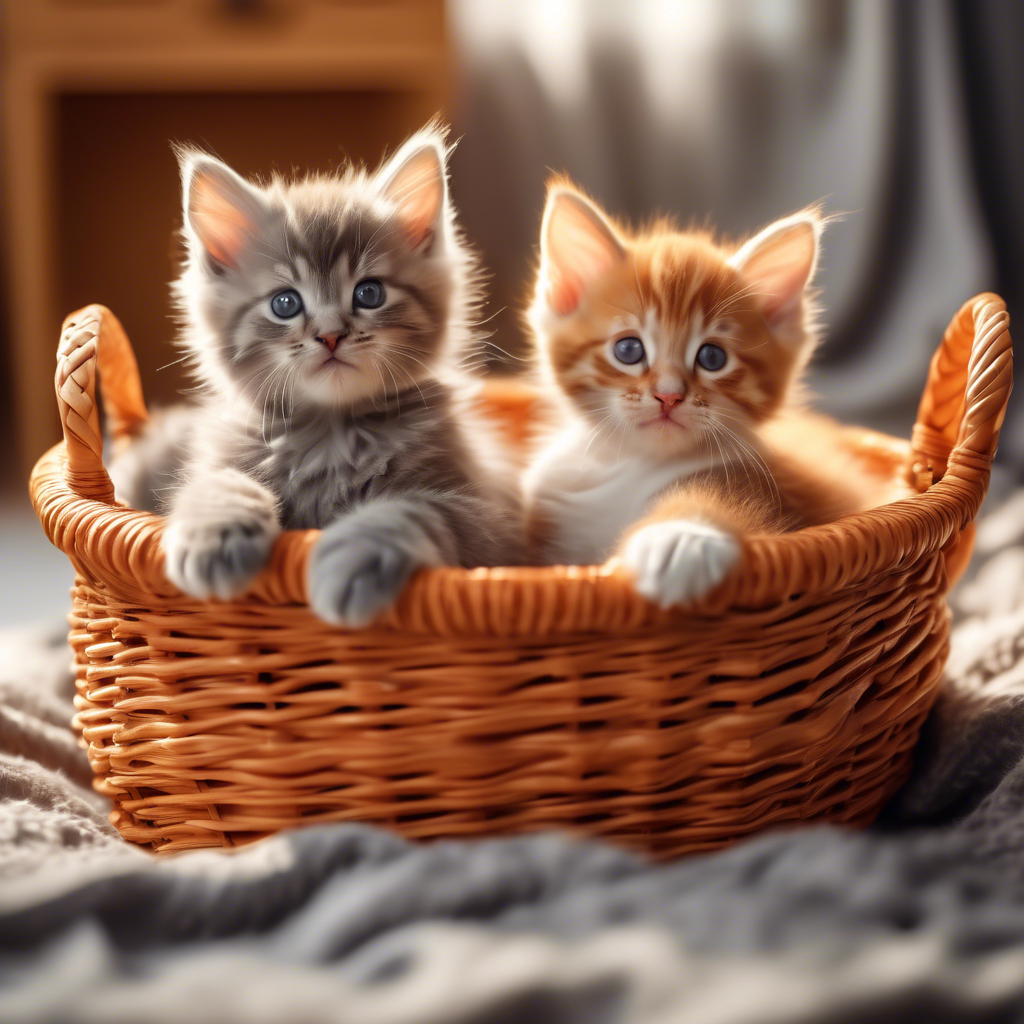 "Playful Kittens in a Basket" Two fluffy kittens, one orange tabby and one gray, playing in a wicker basket on a soft blanket. The setting is a sunlit room, with a cozy and warm atmosphere. Captured in 8K with shallow depth of field.