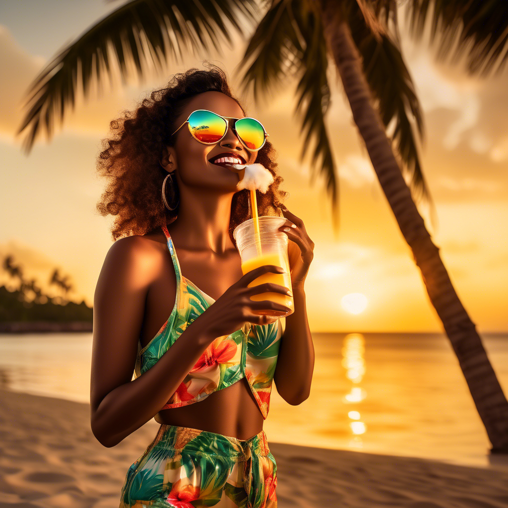 a famous female pop artist dressed in tropical beachwear and aviator sunglasses, sipping a coconut drink under a sunset sky, captured with Fujifilm GFX100, ISO200, vibrant color