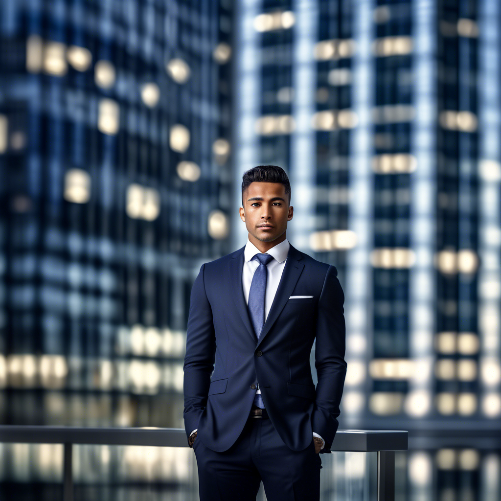 A professional portrait of a confident ethnic man in a tailored navy suit with a crisp white shirt and subtle tie, standing in front of a glass skyscraper. The background is blurred, and the lighting is soft and natural. Captured in 8K with a 50mm lens, shallow depth of field, and HDR detail.