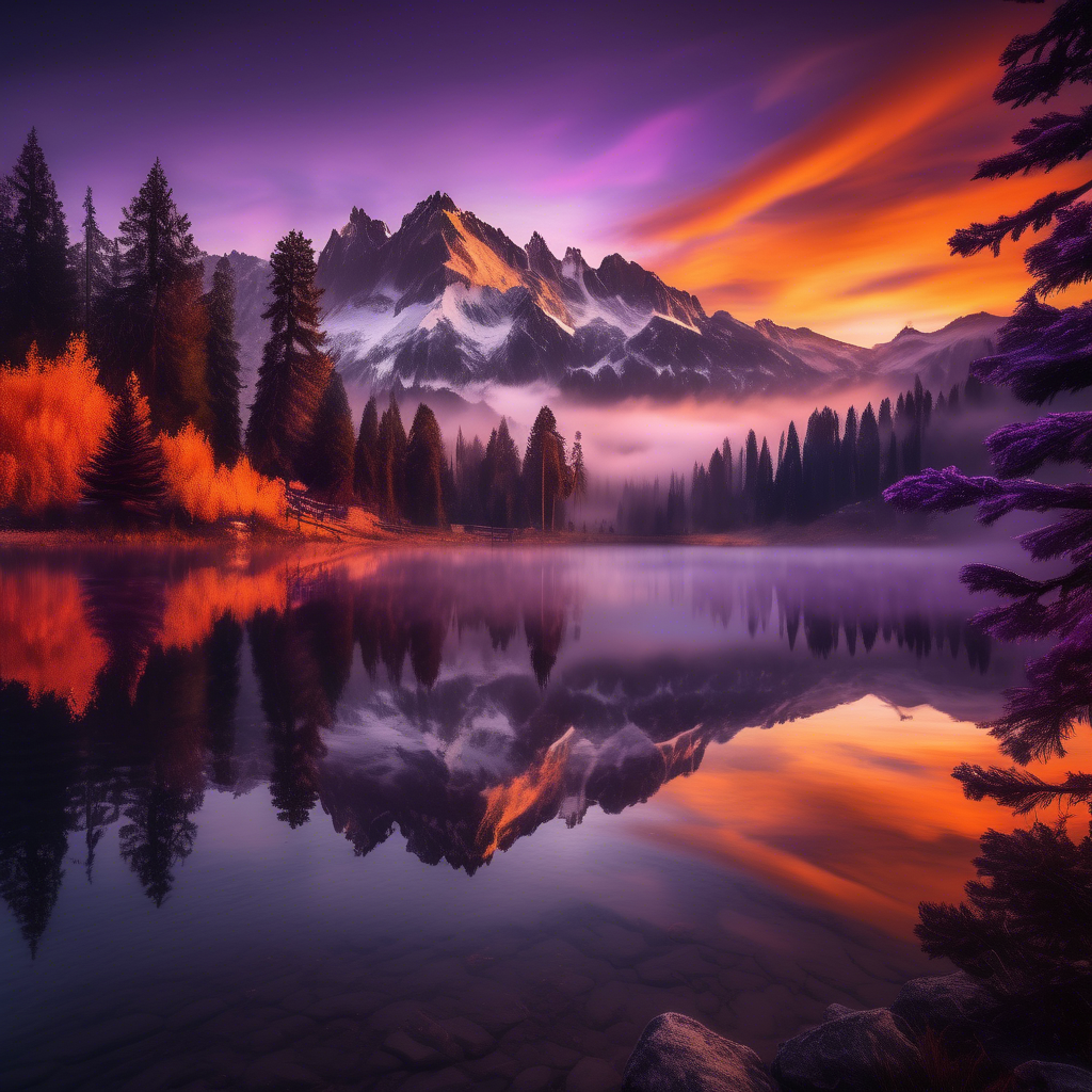A breathtaking view of snow-capped mountains under a vivid orange and purple sunset, with a pristine lake reflecting the peaks. The scene includes lush pine trees in the foreground and mist rolling over the hills. Captured in 8K resolution with HDR lighting, a wide-angle 24mm lens, and vibrant color grading. The mood is serene and awe-inspiring.