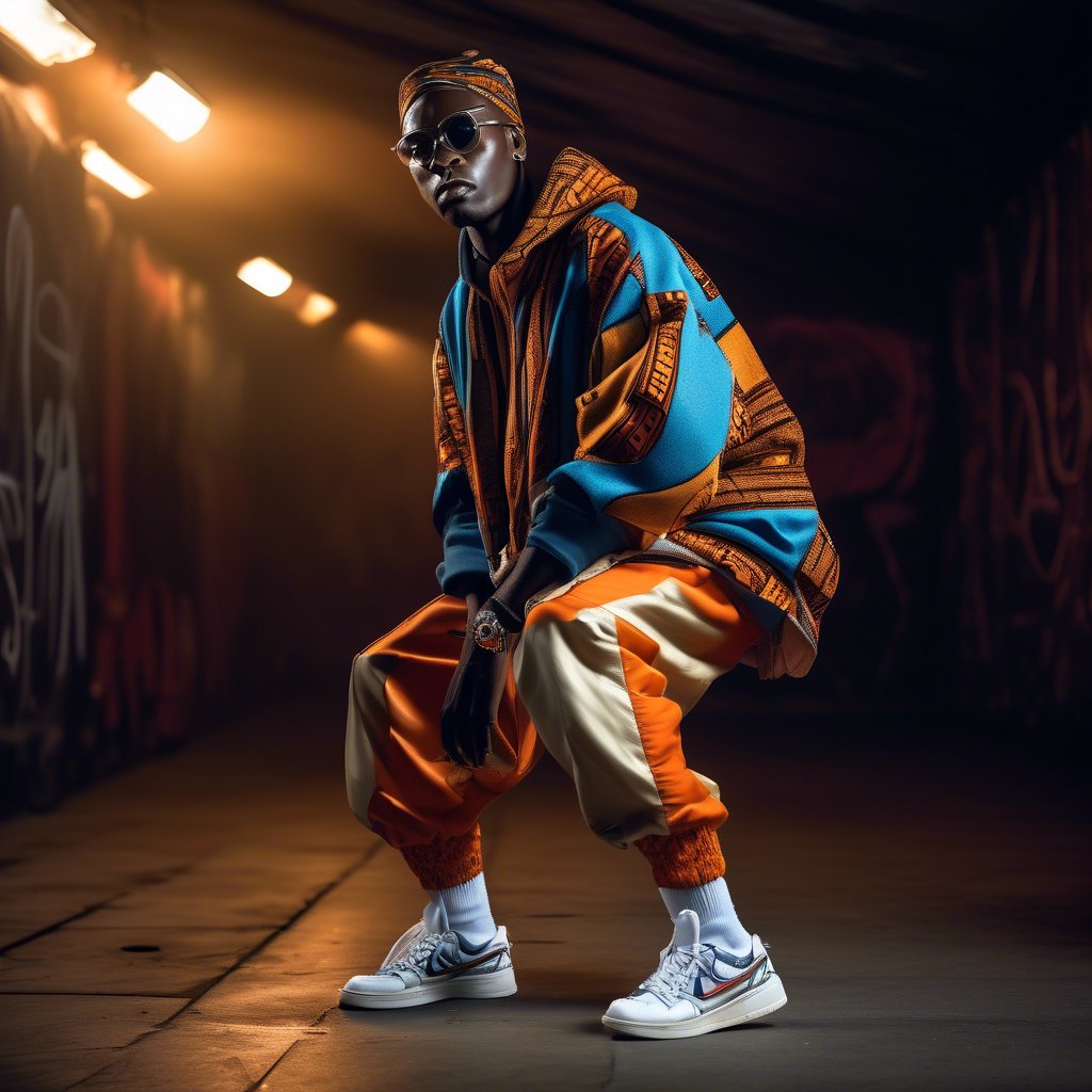 Fashion photography of an African dressed in large hiphop clothes from 1980s , wearing sneakers , Sony Alpha α7, ISO1900, volumetric lighting,