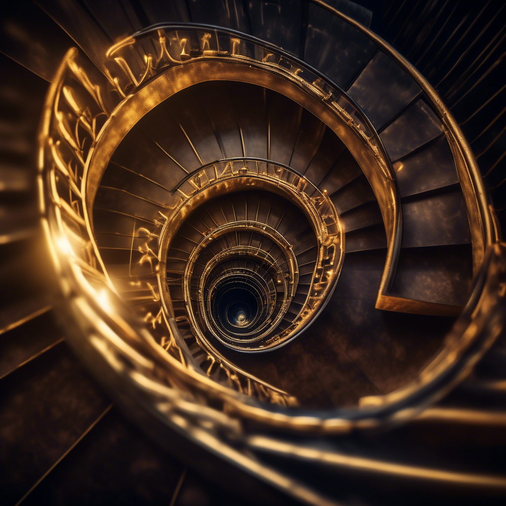 A magical spiral staircase winding upwards infinitely, with each step glowing in harmonious golden ratio proportions.