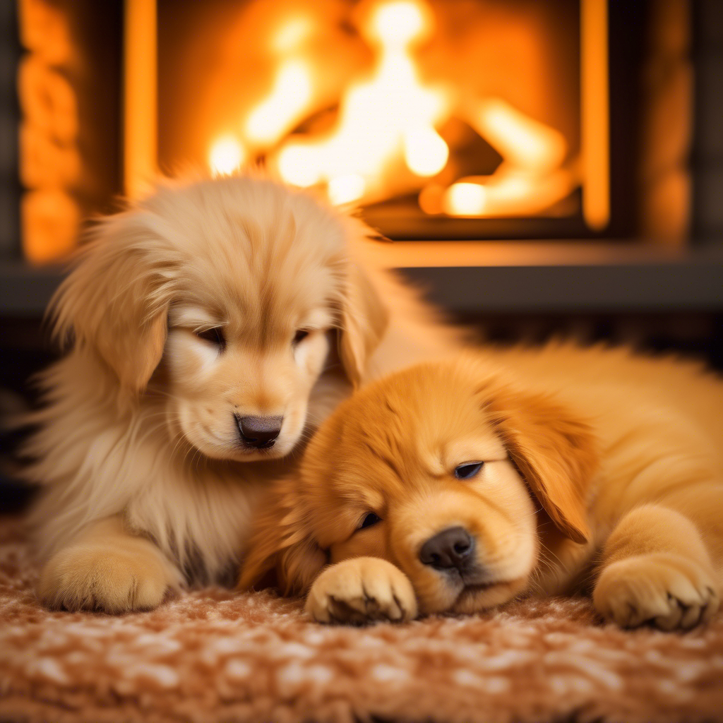 A fluffy orange cat and a golden retriever puppy cuddling together on a soft rug in front of a fireplace, captured in 4K with a 50mm lens and cozy, warm lighting.