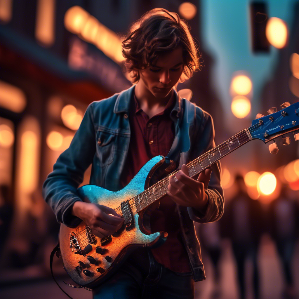 A young guitarist performing on a bustling urban street at sunset. The background features blurred pedestrians and glowing shop lights. Captured in 8K with a cinematic lens, vibrant color tones, and dynamic lighting.