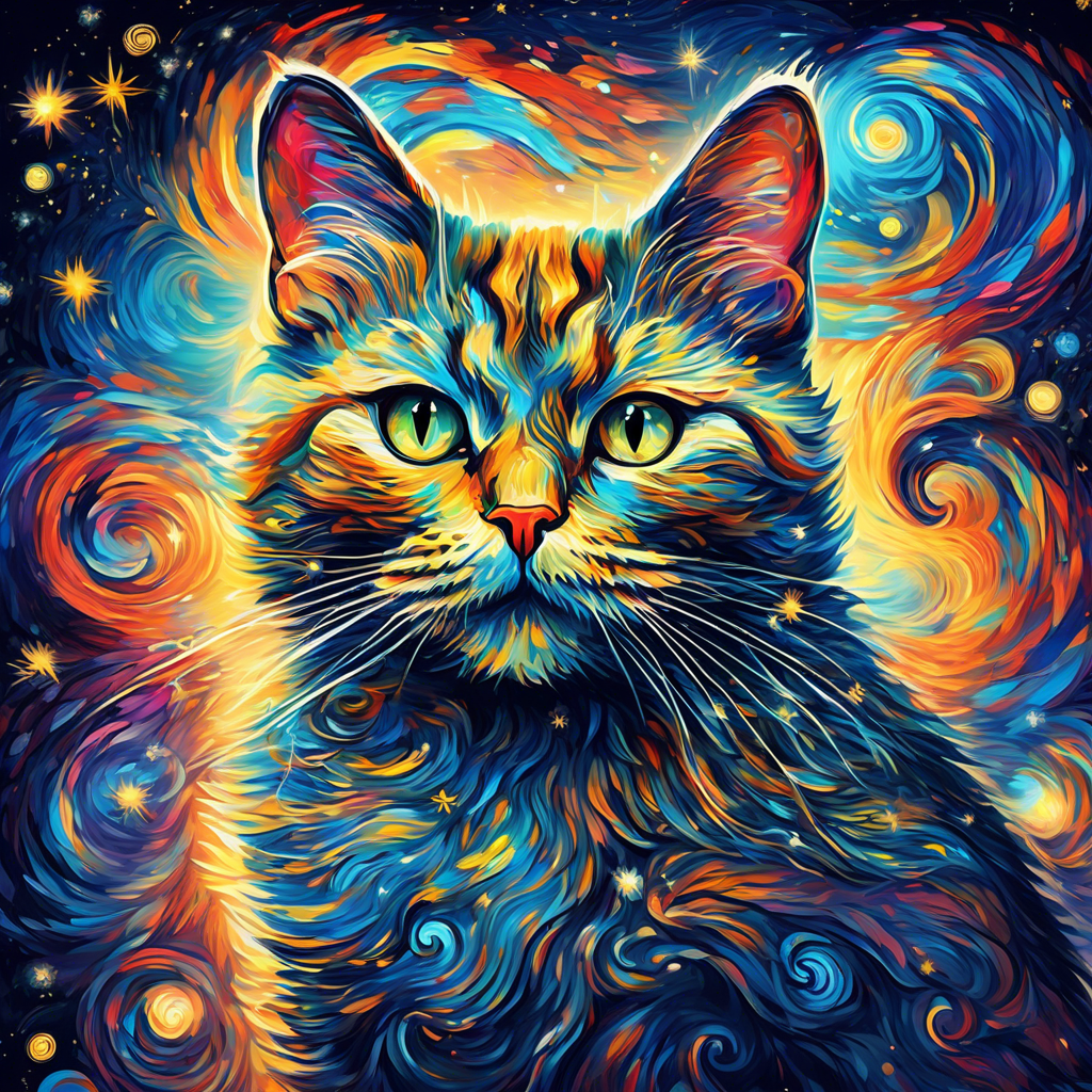 Generate an awe-inspiring and surreal digital painting of a mystical cat adorned with intricate patterns, floating amidst a swirling vortex of vibrant colors and shimmering stars. Capture the essence of Van Gogh's "Starry Night," with bold brushstrokes and a dreamy, otherworldly atmosphere.