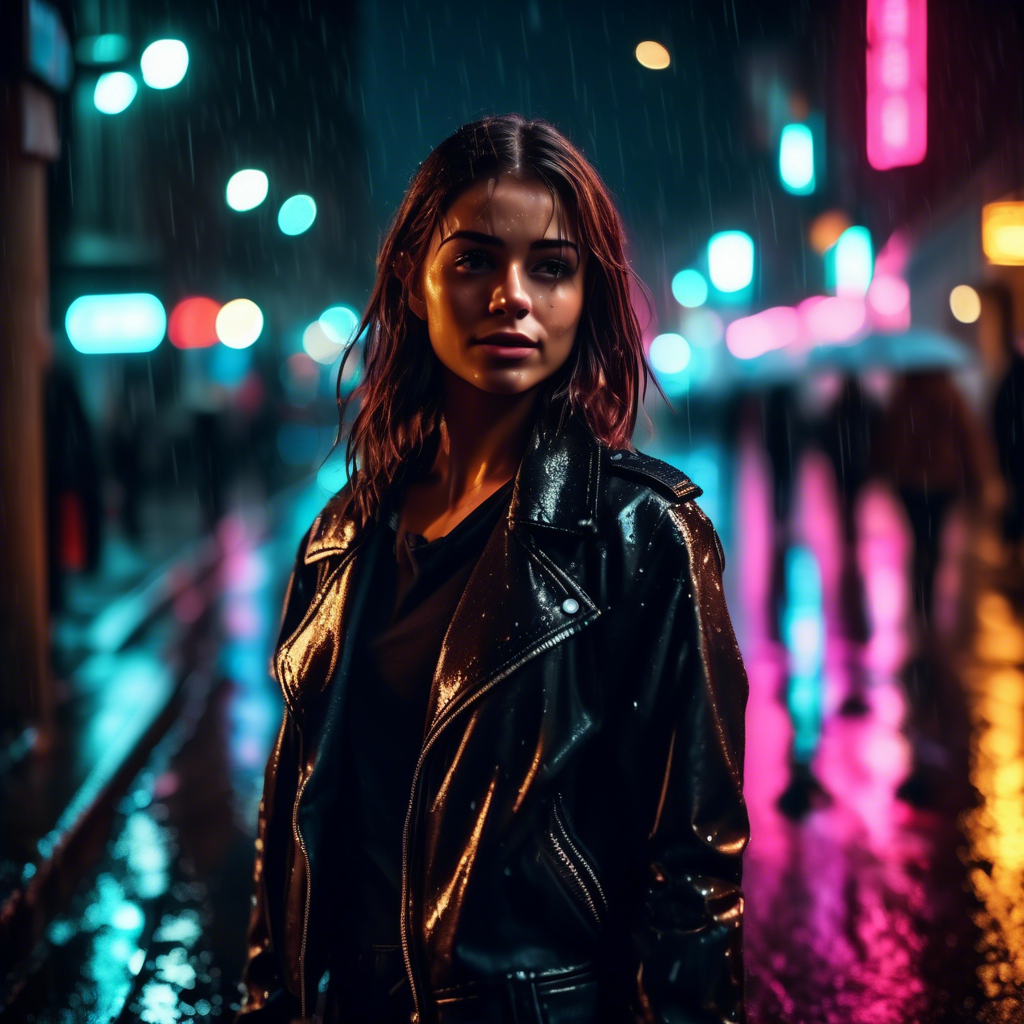 A confident girl in a leather jacket walking through a rainy city street at night, neon lights reflecting off the wet pavement, captured in 4K with a 50mm lens and dramatic lighting.